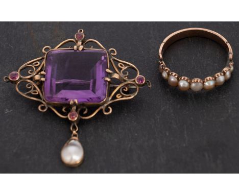 Two items of pearl jewellery, including an amethyst, mabe pearl and possibly ruby brooch, length ca. 3.8cm; and a half-eterni