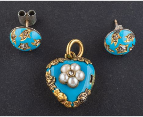 A Victorian, turquoise enamel pendant and pair of ear studs, the pendant, heart-shaped, with a pop-open glazed compartment to