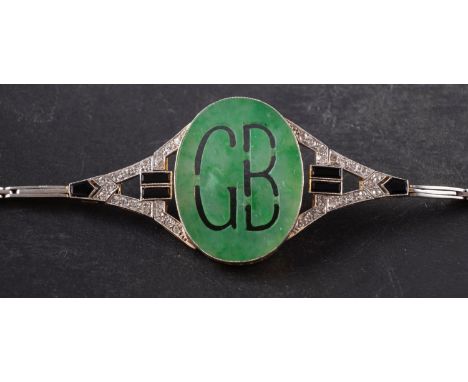 An Art Deco, jade, onyx and single-cut diamond bracelet, the jade frontispiece pierced with the initials 'GB', total estimate