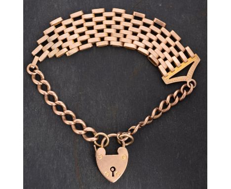 An Edwardian, 9ct gold gate and curb-link bracelet, with heart-shaped clasp with hallmarks for Birmingham, 1909, total length