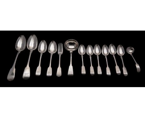 A part matched canteen of early 19th century silver flatware, various makers and dates, London, Fiddle pattern, to include tw