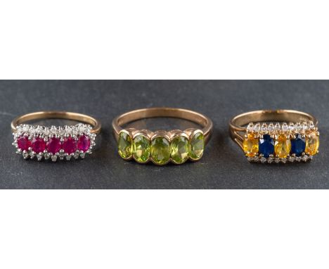 Three 9ct gold, gemset rings, including a peridot five stone ring, ring size T; a sapphire, yellow sapphire and diamond ring,