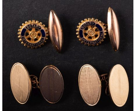 Two pairs of 9ct gold cufflinks, including a blue enamel, Rotary International pair; and an engine-turned decorated pair, len