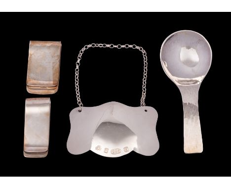 A small group of modern silver to include, an Arts and Crafts caddy spoon, maker Alwright and Marshall, 2016, a  decanter/bot