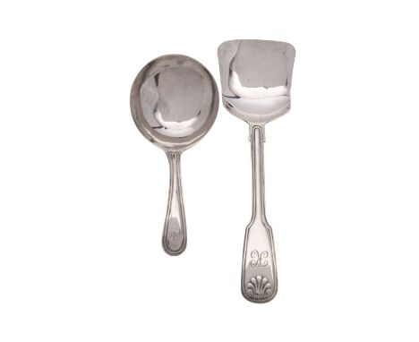 A George IV silver caddy spoon,George Unite, Birmingham 1836, Fiddle, Thread and Shell pattern, shovel bowl, 12cm long, toget