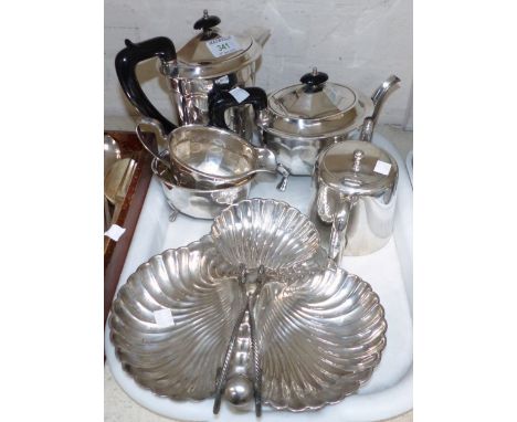 An EPNS 4 piece tea set; a trefoil shell dish; a silver mounted walking stick