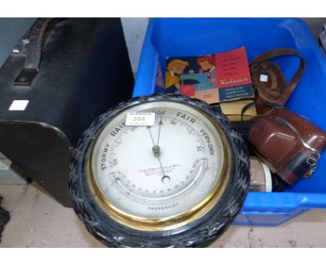 A circular carved oak barometer; 4 vintage cameras; 2 pairs of binoculars; an early 20th century Imperial typewriter