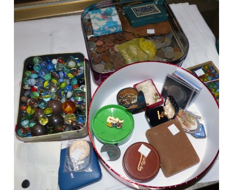 A Roman coin; a selection of GB and foreign coins and medals; a quantity of marbles; a selection of studs ad cufflinks