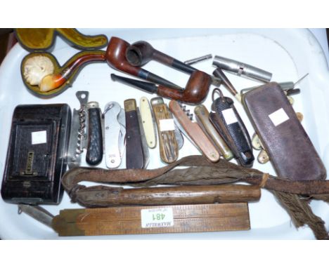 A 19th century meerschaum pipe in the form of an African's head, cased; a vintage camera; a collection of pocket knives and b