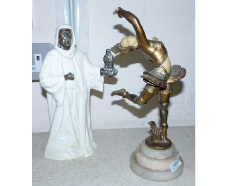 An Art Deco gilt metal and ivorine figure of a female dancer, on marble base, height 11" (fingers a.f.); a Minton bronzed and