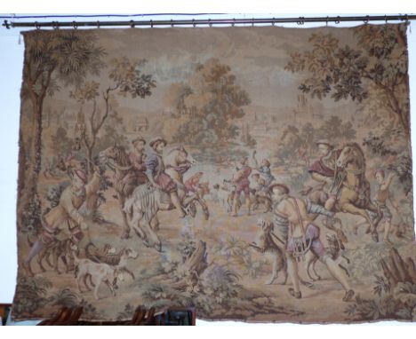 A late 19th century machine made large tapestry wall hanging depicting a hunting scene with men in 16th century dress, on hor