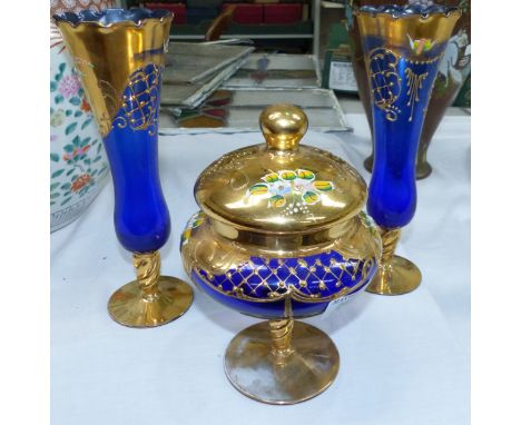 A blue Murano glass covered jar with gilt and floral painted decoration and 2 similar vases