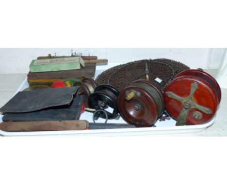 Two early 20th century mahogany and brass fishing reels; other vintage fishing tackle