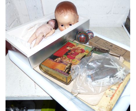 An Edwardian small doll by Heubach Köppelsdorf; a selection of vintage tinplate toys; tops; Winnie the Pooh pictures; etc.