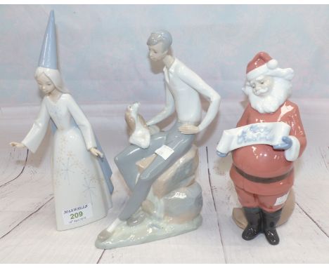 A Lladro porcelain figure of a princess, 11"; 2 Nao figures:  Father Xmas & a young man with dog