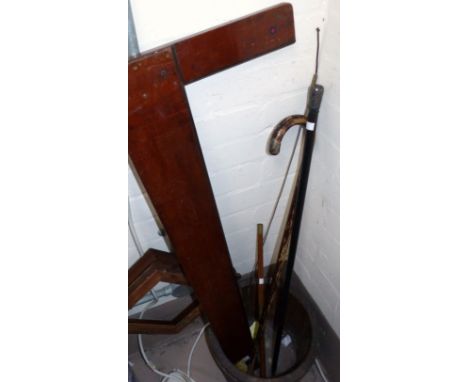 Two walking sticks with silver terminals; an RAF WWII period large T square; a brass mounted measuring stick