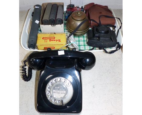 A 1970's telephone in black; a selection of 00 gauge rolling stock; a Lipton's brass tea caddy; 2 vintage cameras