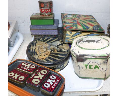 An early 20th century 4 height stationery filing box; a selection of vintage tins