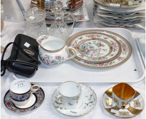 A Royal Worcester cup and saucer; 2 other similar cups and saucers; 3 pieces of Royal Doulton teaware; 2 pieces of glass; etc