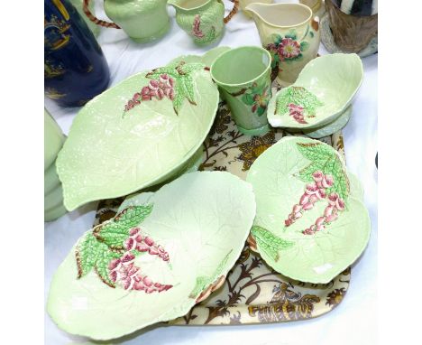 Five Carltonware green leaf hollyhock bowls; a mug and 2 jugs (2 pieces a.f.)