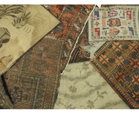Four small Persian hand knotted rugs, a Flemish tapestry, a small needlework, and a foliate decorated throw (7) largest 84 x 