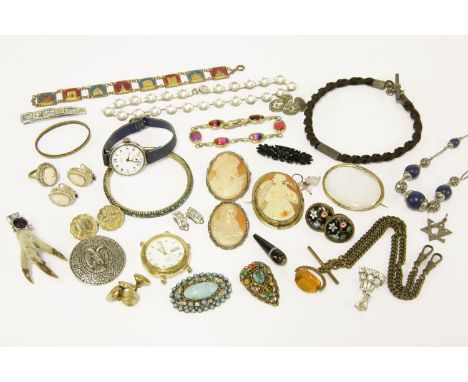 A collection of costume jewellery, to include a gentleman's silver Hinds Magpie mechanical watch with Arabic numerals, cameo 