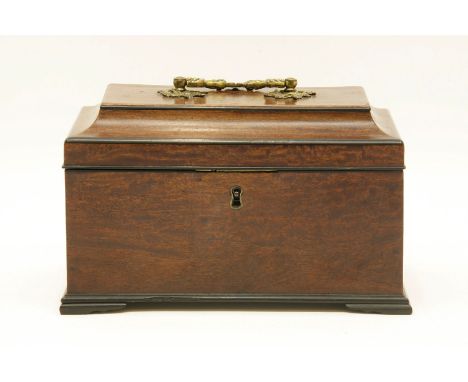 A George III mahogany and ebony tea caddy, the shaped top enclosing fitted interior, with gilt metal swan neck handle, 23cm w