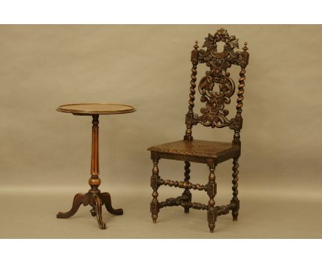 A tripod table, and a carved hall chair