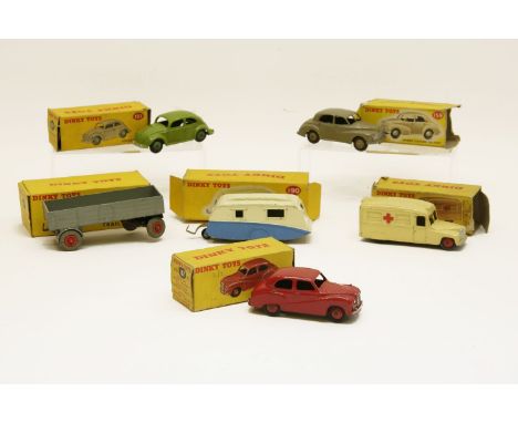 A collection of dinky die cast model vehicles, comprising green VW Beetle, no. 181, Morris Oxford Saloon, no. 159, red Austin