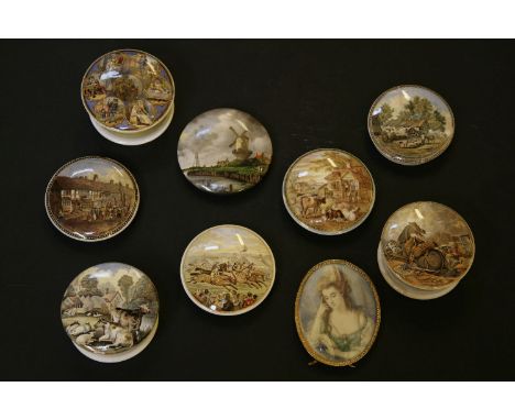 A collection of eight 19th century pot lids, depicting a battle scene, a horse racing scene and various rural subjects, and a