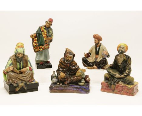 Royal Doulton figures, 'Carpet Seller' HN14654, 'cobbler' HN1706, 'The Potter' 1493, ''Omar Khayyam' HN2247, and 'Mendicant' 