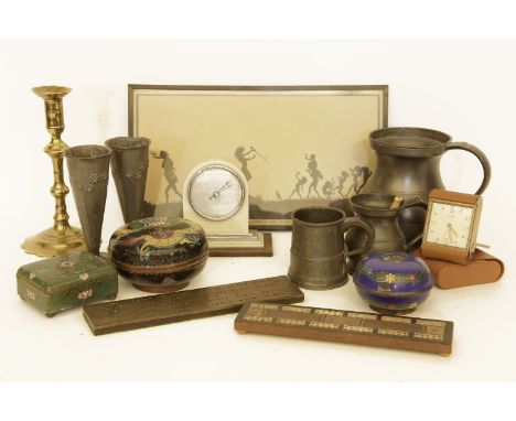 Sundry items: 3 pewter mugs, 3 cloisonne boxes, Cyma alarm clock, 2 crib boards, silhouette, pair of Liberty Tudric pewter va