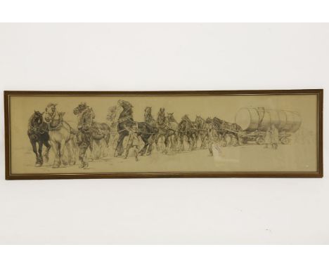 A TEAM OF HORSES PULLING A MILITARY CART, WITH SOLDIERS BESIDE, Pen and ink study, framed and glazed37 X 145cm