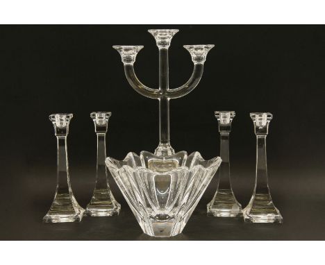 Orrefors glass bowl, and four Villeroy & Boch candle sticks and candelabra and a Villeroy & Boch bowl