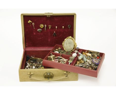 A jewellery box containing a collection of jewellery, including a rolled gold carved lava stone cameo of a young maiden, a si