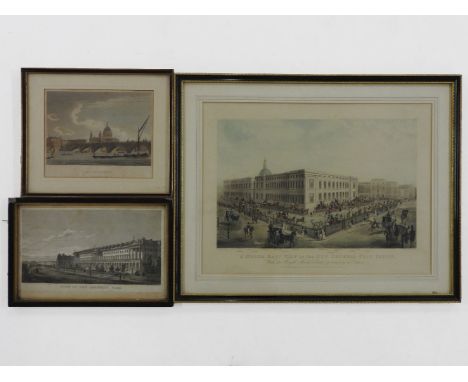 Three prints featuring London scenes, including 'A North East View of the New General Post Office', after J Pollard