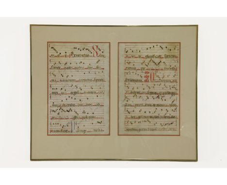 A choir book manuscript or gradual, probably 16th century, coloured and in Latin, on vellum, 43 x 29cm approx, both framed as