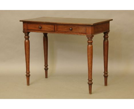 A 19th century mahogany two drawer side table, stamped W & C Wilkinson, 14 Ludgate Hill 12040, 91cm long x 50cm deep