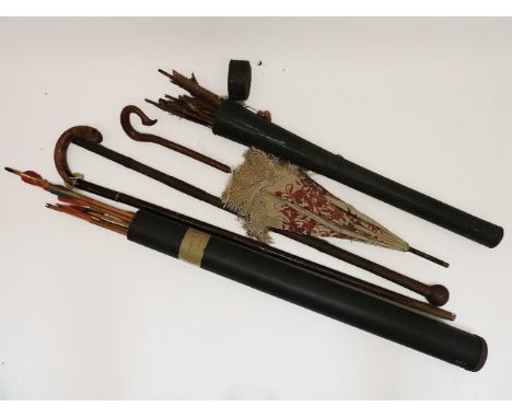 Two containers of wooden arrows, one metal quiver box with 18 arrows, including Aldred, London, (3) Boan Leamington, (2) Muir