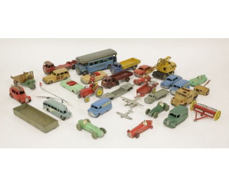 Dinky diecast vehicles, including 2 blue 'Ovaltine' Bedford vans, 'Chivers Jellies' Trojan van, tractor, sports cars, Concord