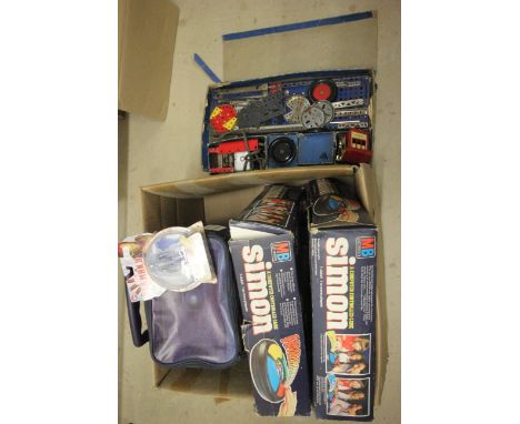Mixed lot of toys and games to include MB Simon Says x 2, Doctor Who tardis case, r/c car, boxed Erector set etc