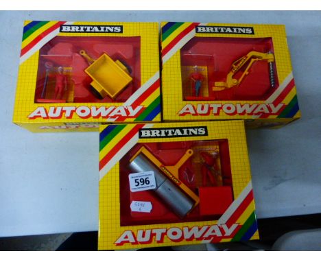 Three boxed Britains Autoway model sets to include; 9830 Mini Trailer, 9831 Heavy Roller, 9832 Post-Hole Digger