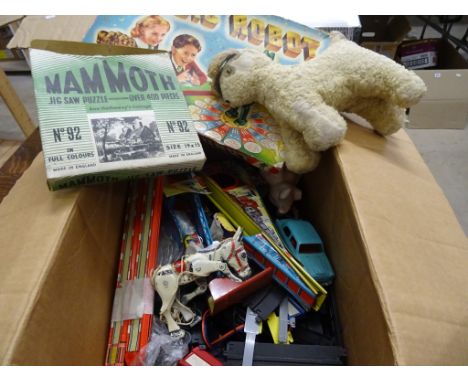 Box of toys to include tin plate Muffin the Mule, Magic Robot, tin plate train and track etc