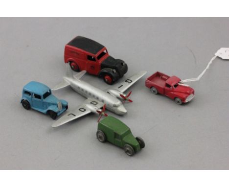 Four vintage Dinky vehicles to include 70C Viking Airliner, 260  Morris Royal Mail Van, 065 Morris Red Pick Up Van and 35a Bl