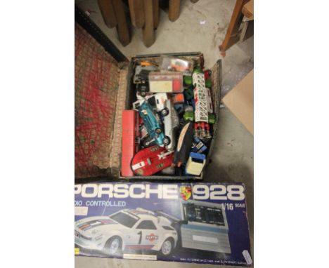 Quantity of vintage play worn diecast vehicles including Corgi, Matchbox etc plus a boxed 1/16 Porsche 928 r/c car