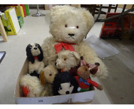 Six bears and soft toys to include sheepskin growling bear and a Steiff dog