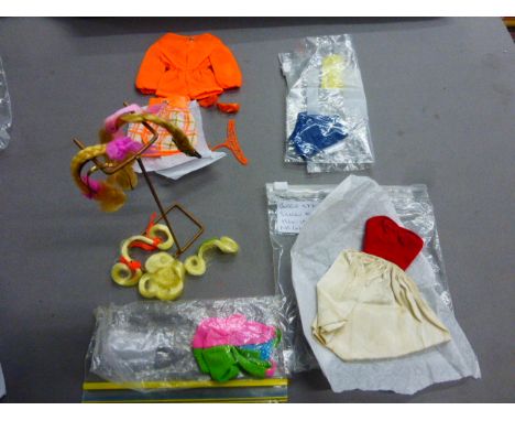 Six vintage doll outfits etc to include; Swimsuit for Living Skipper ref 1147 (1970), Silken Flame for Barbie ref 977 (1960 -