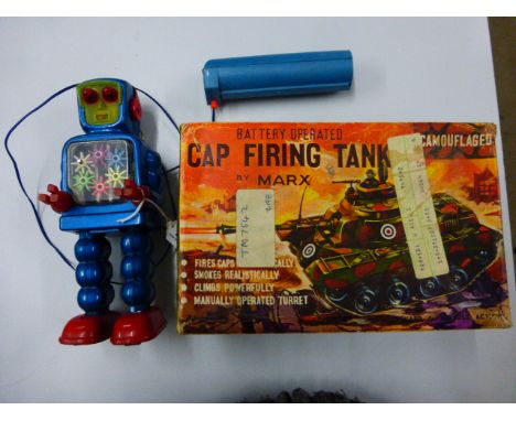Boxed Marx Battery Operated Cap Firing Tank plus a vintage r/c robot by KO Japan
