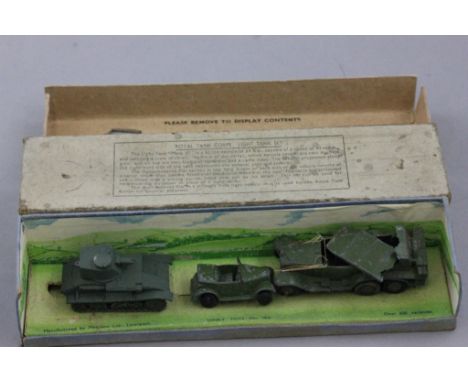 Boxed Dinky A2189 Royal Tank Corps Light Tank Set no 152 complete and play worn in fair box with inner display stand