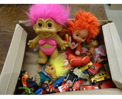 Four Galoob A-Team figures, two Care Bears, Mattel doll, trolls and other items